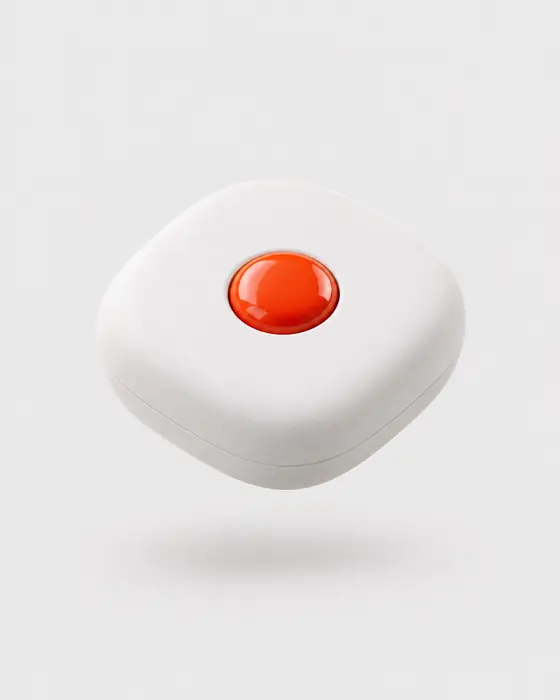 Dispositivo blanco minimalista con un botón naranja